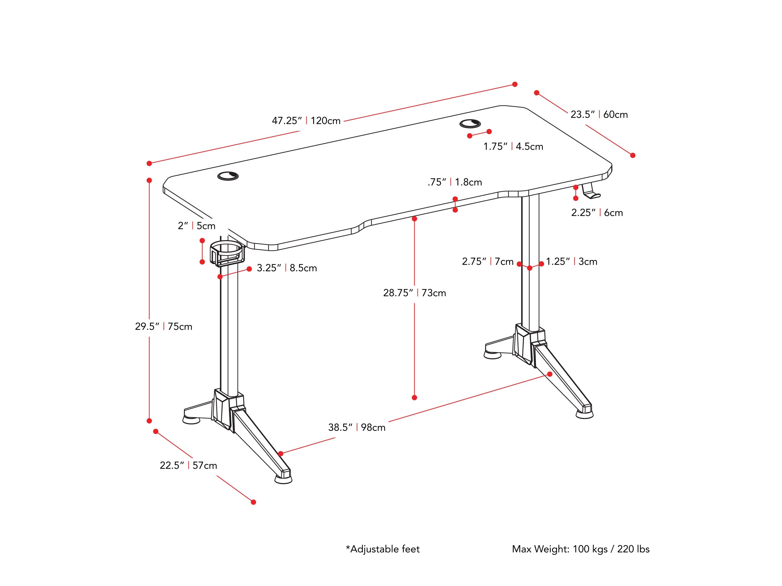 Red and Black Gaming Desk Conqueror Collection measurements diagram by CorLiving#color_red-and-black